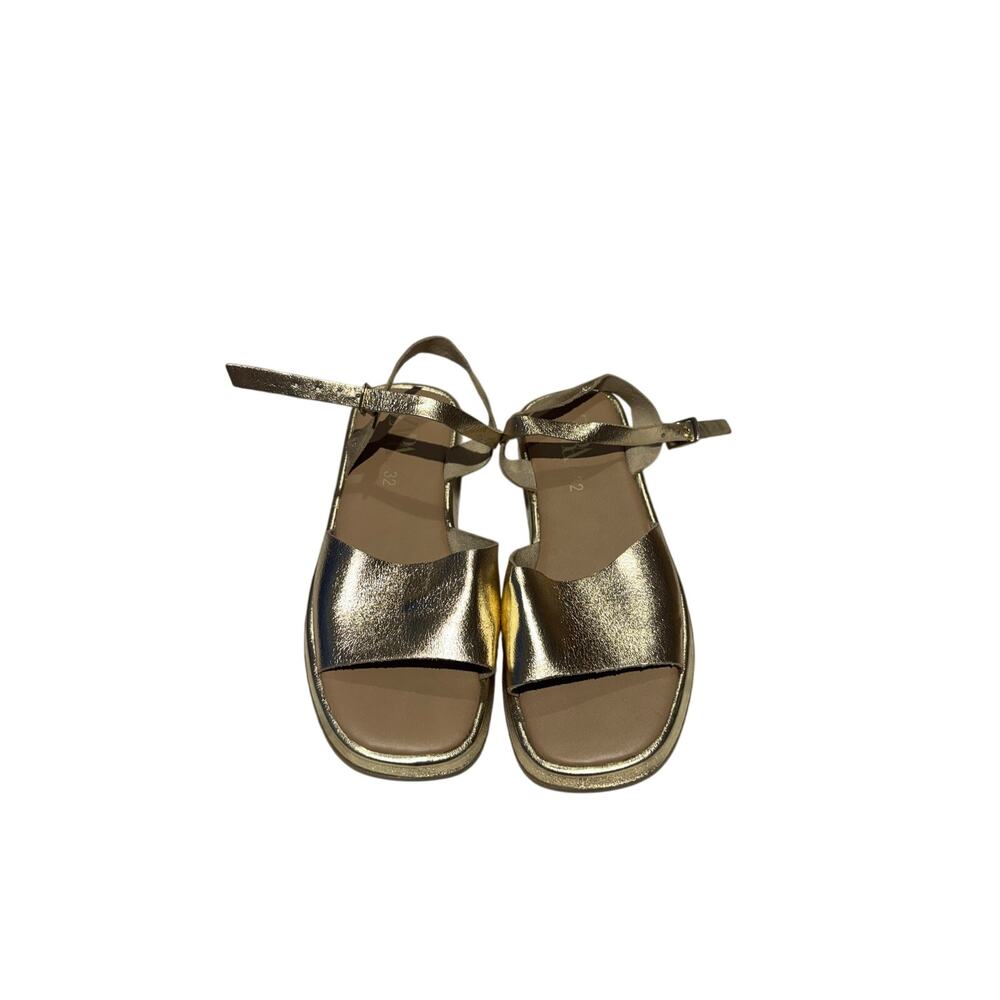 Zara gold platform flat sandal 32 or 1 ankle strap nwot and unworn leather